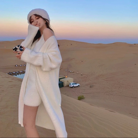 Sweater cardigan 3PCS SET skirt crop top fuzzy eyelash white soft womens - Picture 5 of 15